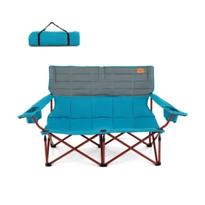Costway Oversized Camping Chair Folding Loveseat Camping Couch With Cup Holders & Thick Padding-blue