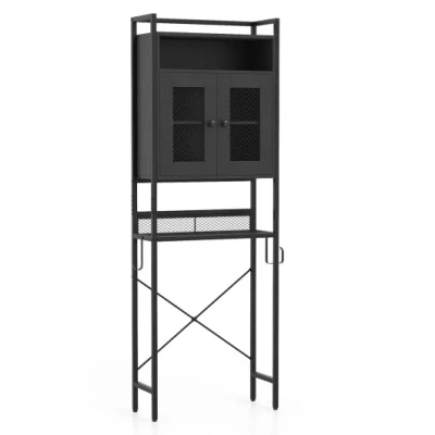 Costway Over-the-toilet Storage Cabinet With Heavy-duty Metal Frame 2-door Freestanding-black In Animal Print