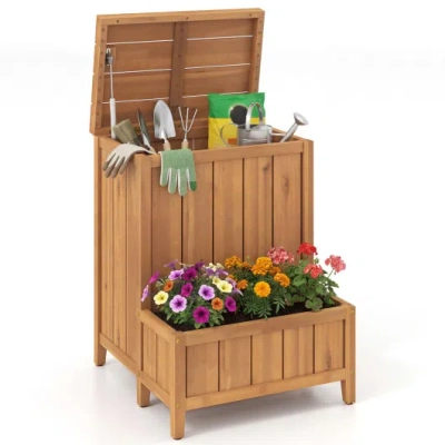 Costway Package Delivery Box With Planter Box For Pool Accessories And Garden Tools In Brown