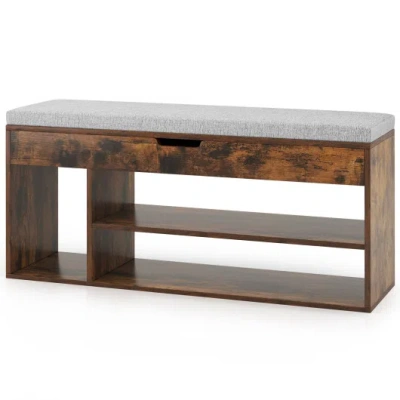 Costway Padded Seat Shoe Bench With Hidden Storage And 3 Open Shelves-coffee In Multi