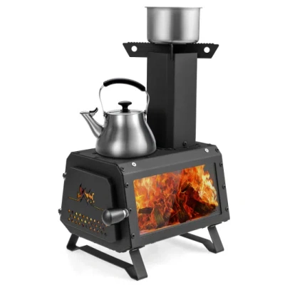 Costway Patented Portable Wood Camping Burning Stove Heater Tabletop Fire Pit With 2 Cooking Positions In Animal Print