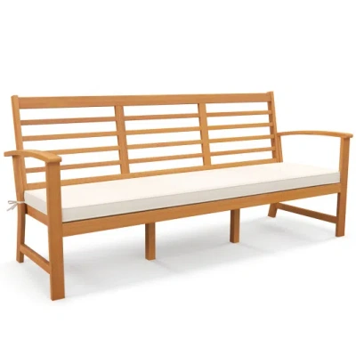 Costway Patio 64 Inch Wood Bench With Seat Cushion And Slatted Seat For Backyard-off White In Multi
