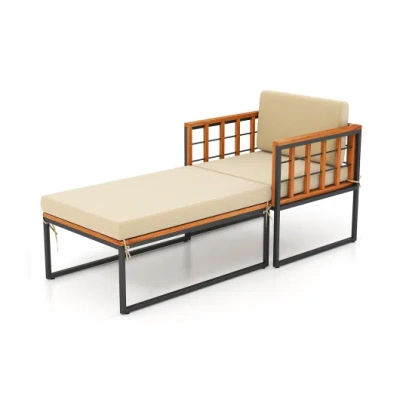 Costway Patio Acacia Wood Armchair With Long Ottoman And Seat Back Cushions In Brown
