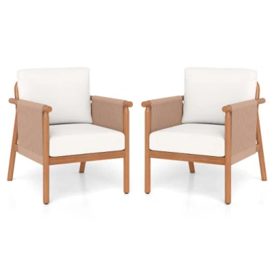 Costway Patio Acacia Wood Chair Set Of 2 With Woven Rope Armrests And Seat Back Cushions For Backyard-white In Brown