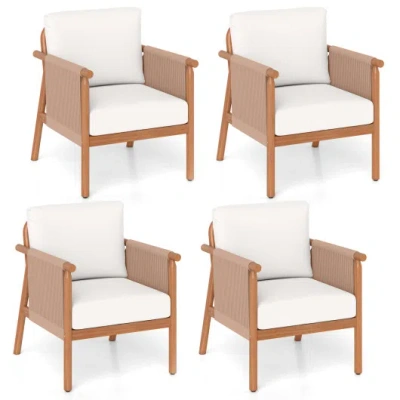 Costway Patio Acacia Wood Chair Set Of 4 With Woven Rope Armrests And Seat Back Cushions For Backyard-white In Multi