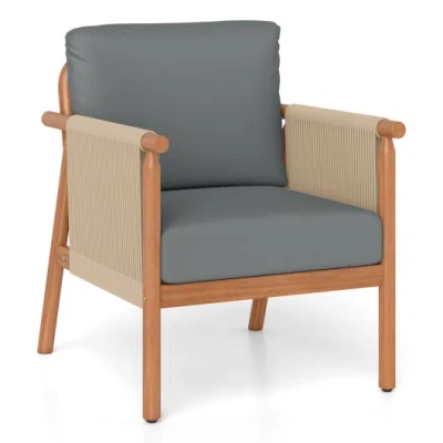 Costway Patio Acacia Wood Chair With Woven Rope Armrests And Seat Back Cushions For Backyard-gray In Blue