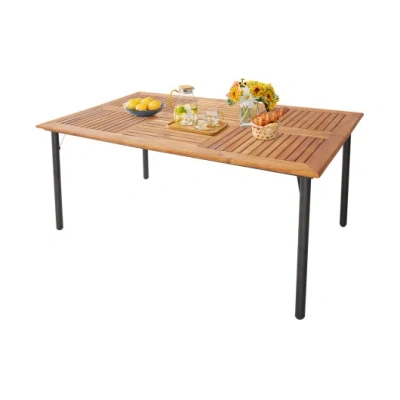 Costway Patio Acacia Wood Dining Table With Umbrella Hole And Metal Legs In Brown