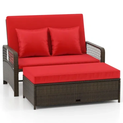 Costway Patio Adjustable Wicker Daybed With 4-level Backrest And Soft Cushions-red
