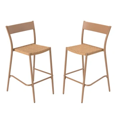 Costway Patio Barstools Set Of 2 With Rattan Seat And Metal Backrest-light Brown