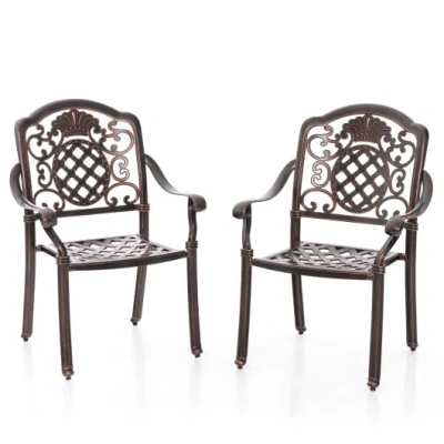 Costway Patio Cast Aluminum Dining Chairs Set Of 2 Metal Armchairs Stackable-copper In Gray