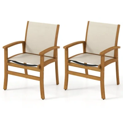 Costway Patio Chairs Set Of 2 Acacia Wood Armchairs With Breathable Fabric Back And Seat-yellow In Brown