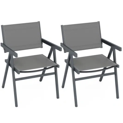 Costway Patio Chairs Set Of 2 Outdoor Dining Chair With Breathable Fabric Seat-set Of 2 In Gray