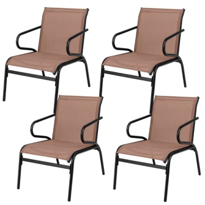 Costway Patio Chairs Set Of 4 With Breathable Fabric For Poolside-coffee In Pink