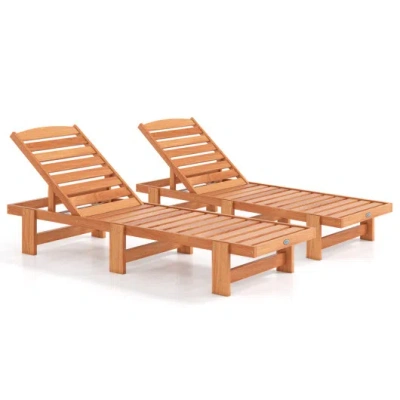 Costway Patio Chaise Lounge Chair Solid Wood Slatted Recliner With Adjustable Backrest-set Of 2 In Animal Print