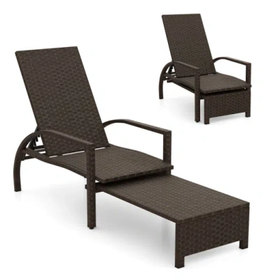 Costway Patio Chaise Lounge Outdoor Rattan Lounge Chair With Retractable Ottoman In Brown