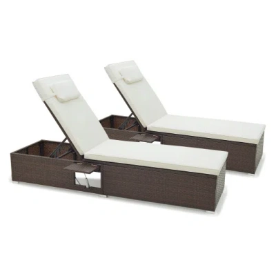 Costway Patio Chaise Lounge Set Of 2 With Backrest Seat Cushion And Headrest-off White In Brown