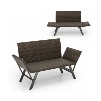 Costway Patio Convertible Sofa For 2 Quick Dry Foam Padded Rattan With Armrests-gray In Black
