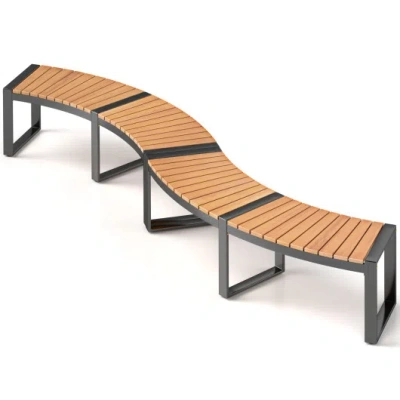 Costway Patio Curved Bench With Slatted Seat And Metal Legs-2 Pieces In Brown