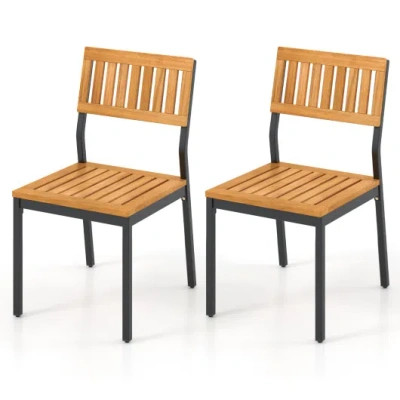 Costway Patio Dining Chair Set Of 2 With Metal And Acacia Wood Frame In Brown