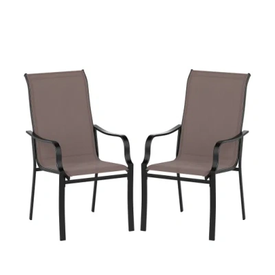 Costway Patio Dining Chair Set Of 2 With Wide Seat And Heavy-duty Metal Frame-brown