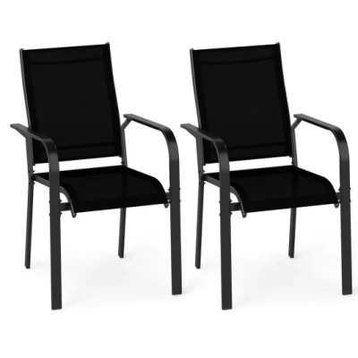 Costway Patio Dining Chairs Set Of 2/4/6 Stackable Outdoor Armchairs With Metal Frame-set Of 2 In Black