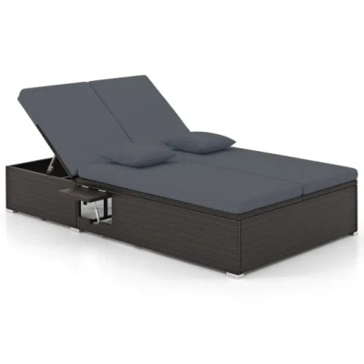 Costway Patio Double Chaise Lounge With Cushions And Folding Side Trays-gray In Multi