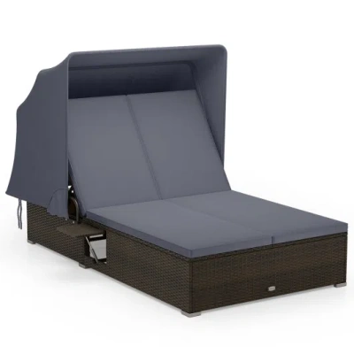 Costway Patio Double Chaise Lounge With Shade Cushions And Folding Side Trays-gray