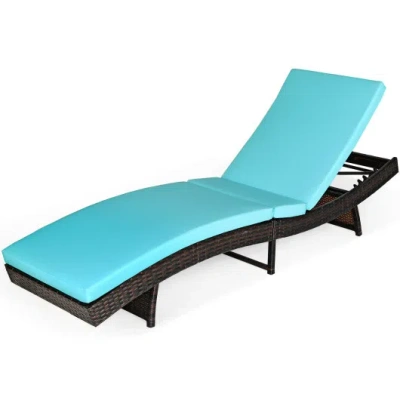 Costway Patio Folding Adjustable Rattan Chaise Lounge Chair With Cushion-turquoise In Blue