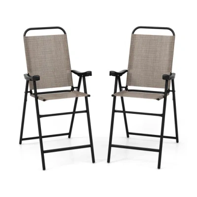 Costway Patio Folding Bar Stool Set Of 2 With Metal Frame And Footrest-coffee In Brown