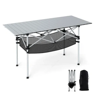 Costway Patio Folding Camping Table With Roll-up Tabletop And Mesh Basket-silver In Gray