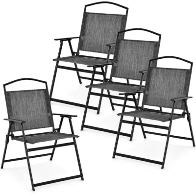Costway Patio Folding Chairs Set Of 4 With Cozy Seat Fabric And Heavy-duty Metal Frame-gray In Multi