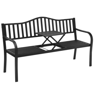Costway Patio Garden Bench Steel Frame With Adjustable Center Table In Black