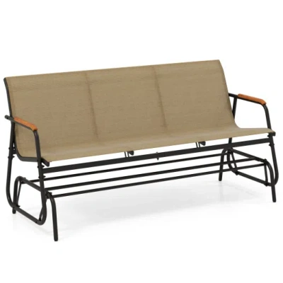Costway Patio Glider Bench With Curved Teak Armrests And Breathable Fabric Seat For 3 People-brown