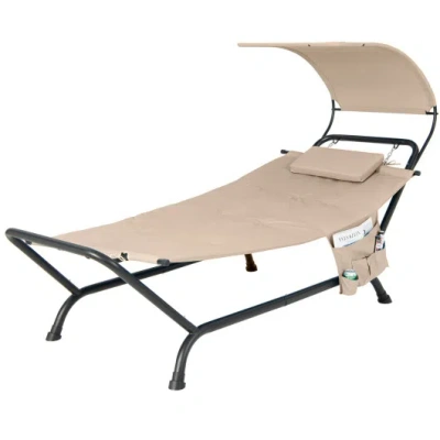 Costway Patio Hanging Chaise Lounge Chair With Canopy Cushion Pillow And Storage Bag-beige In Neutral