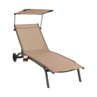 Costway Patio Heavy-duty Adjustable Chaise Lounge Chair With Canopy Cup Holder And Wheels-brown