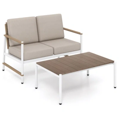 Costway Patio Loveseat Sofa With Coffee Table Set With Thick Cushions In Multi