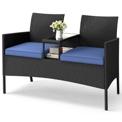Costway Patio Loveseat With Built-in Table Soft Cushions & Tempered Glass Tabletop In Navy