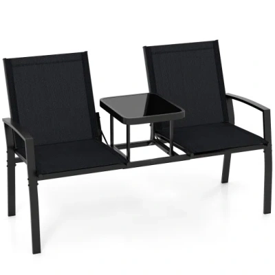 Costway Patio Loveseat With Built-in Table With Breathable Fabric Back-black