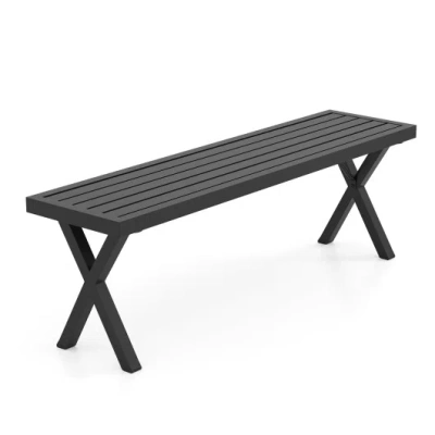 Costway Patio Metal Bench With Slatted Seat And X Legs In Black