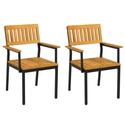 Costway Patio Outdoor Dining Chair Set Of 2 With Metal And Acacia Wood Frame In Brown