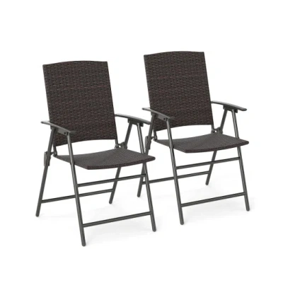 Costway Patio Pe Wicker Dining Chairs With Armrests And Metal Frame-set Of 2 In Black