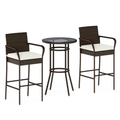 Costway Patio Rattan Bar Height Table And Chairs With 2 Seat Cushions For Porch-white In Multi