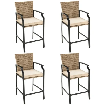 Costway Patio Rattan Bar Stools Set Of 4 With Soft Cushions In Brown
