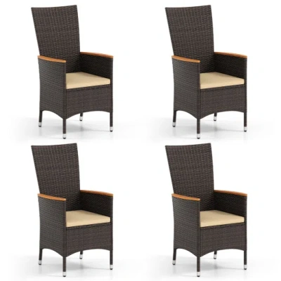 Costway Patio Rattan Chairs Set Of 4 Outdoor Wicker Dining Chairs With High Backrest-beige In Brown