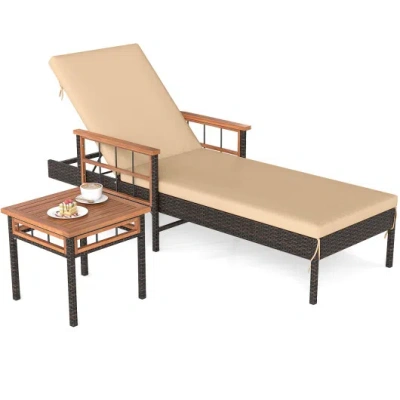 Costway Patio Rattan Chaise Lounge With Side Table And Adjustable Backrest-beige In Brown