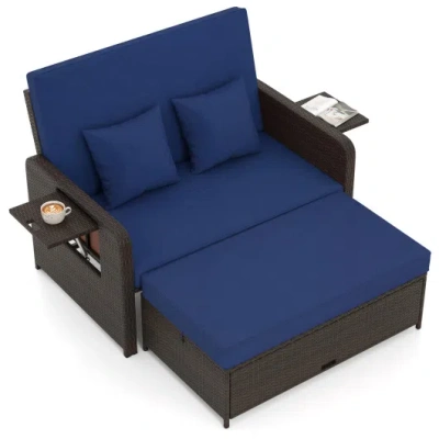 Costway Patio Rattan Daybed With 4-level Adjustable Backrest And Retractable Side Tray-navy In Blue