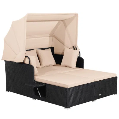 Costway Patio Rattan Daybed With Retractable Canopy And Side Tables-beige In Black