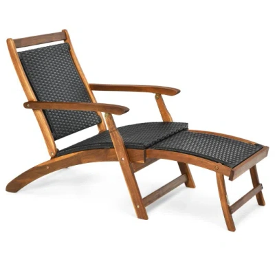 Costway Patio Rattan Folding Lounge Chair With Acacia Wooden Frame Retractable Footrest In Animal Print