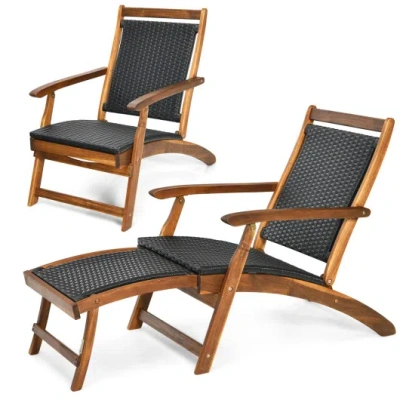Costway Patio Rattan Folding Lounge Chair With Acacia Wooden Frame Retractable Footrest Set Of 2 In Black
