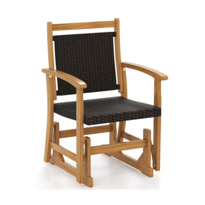 Costway Patio Rattan Glider Chair With Acacia Wood Frame And Wicker Seat Back In Brown